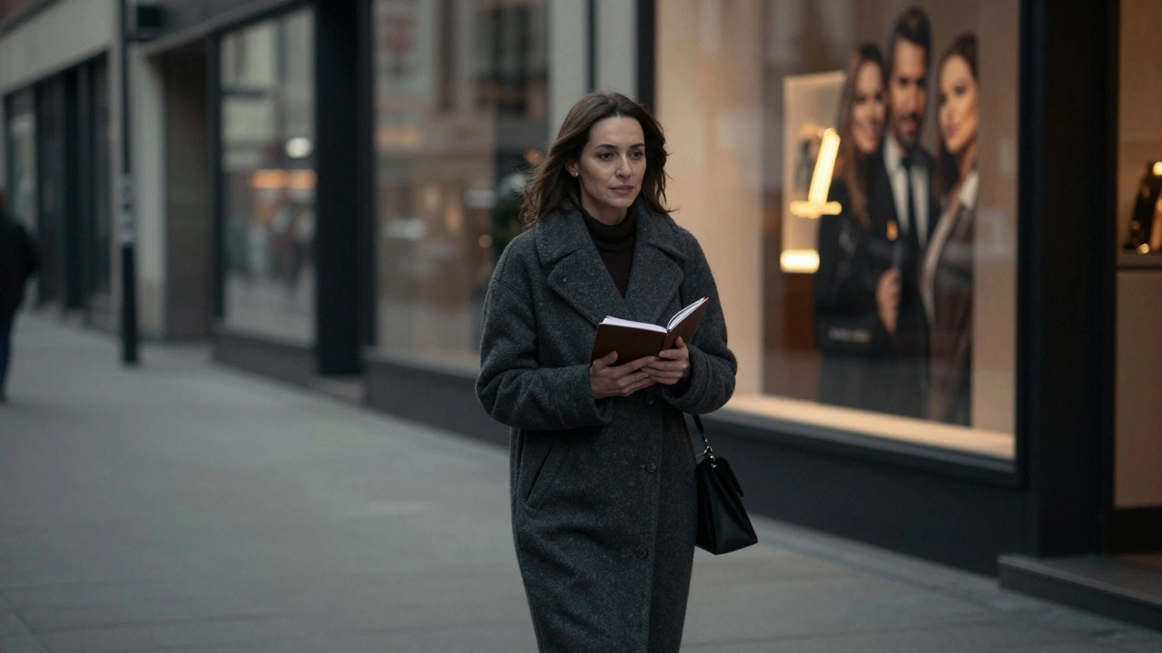 A woman walking alone at dawn, ignoring blurred images of idealized relationships in shop windows.