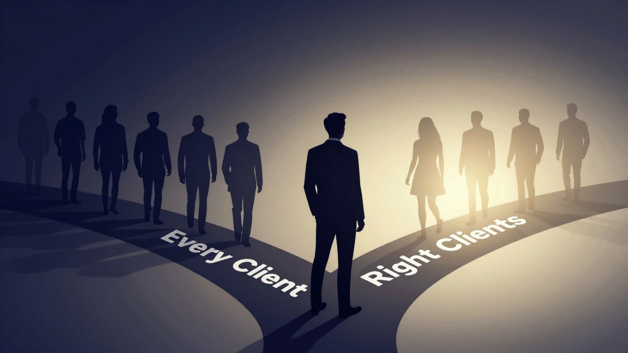 Professional at a crossroads choosing between draining clients and aligned, glowing partnerships.