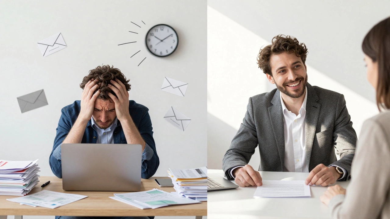 Split-screen showing chaotic stress vs. peaceful collaboration between freelancer and ideal client.