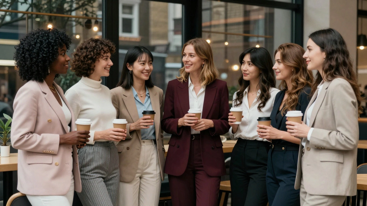Three professionally dressed women of diverse backgrounds laugh together in a modern London café.